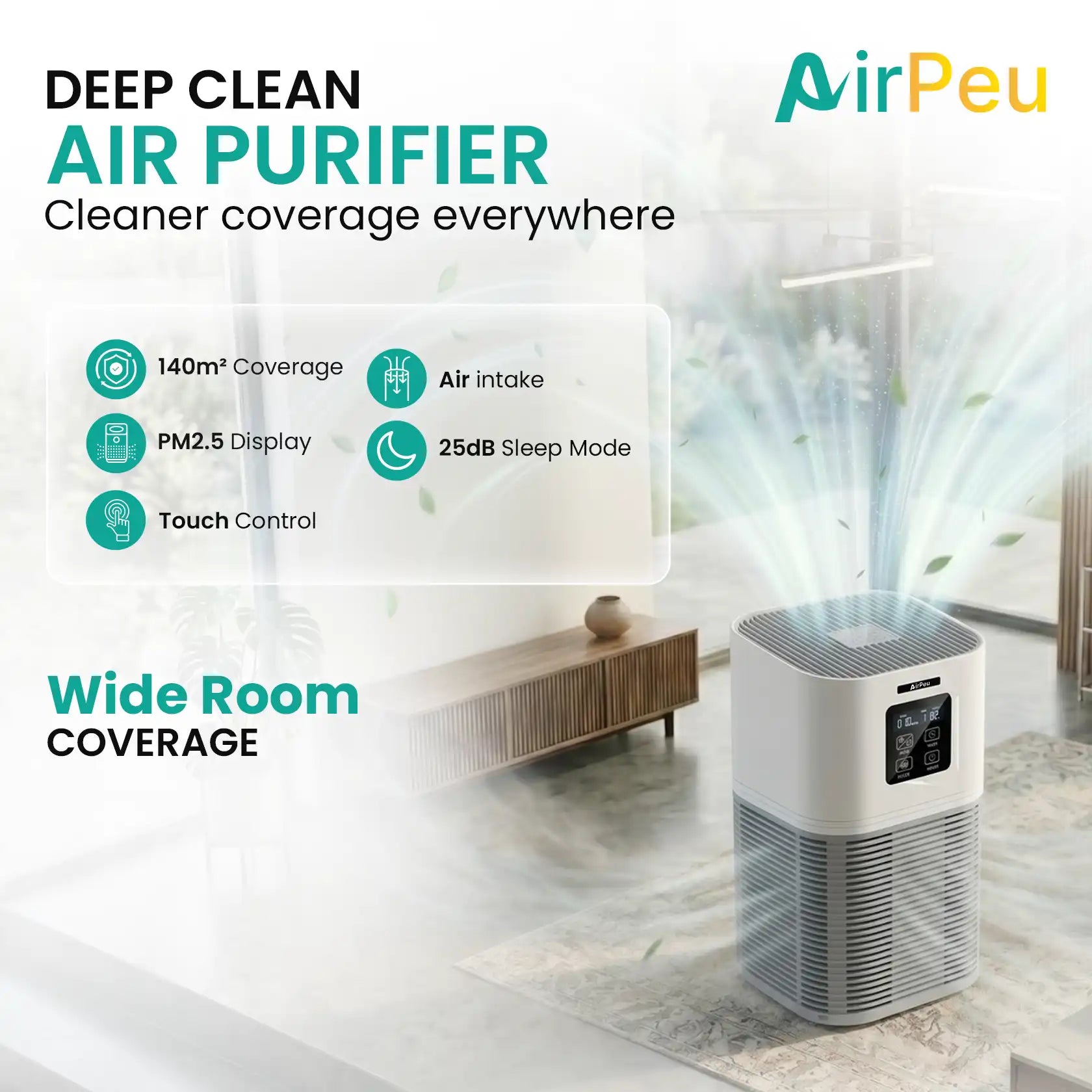 AirPeu H13 HEPA Air Purifier for Large Rooms (140m²)