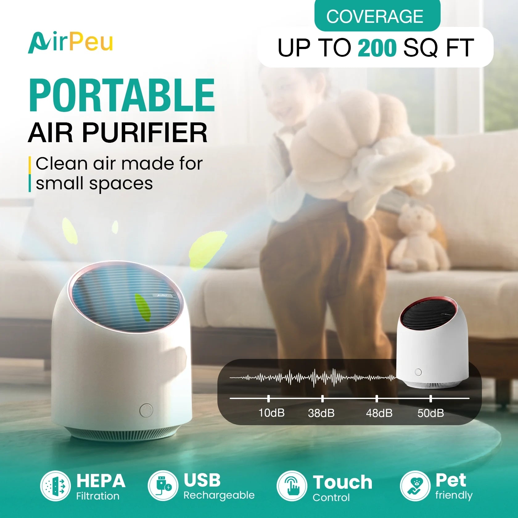 AirPeu Portable Mini Air Purifier with HEPA Filter: USB Rechargeable, Ideal for Offices, Dorms & Kitchens