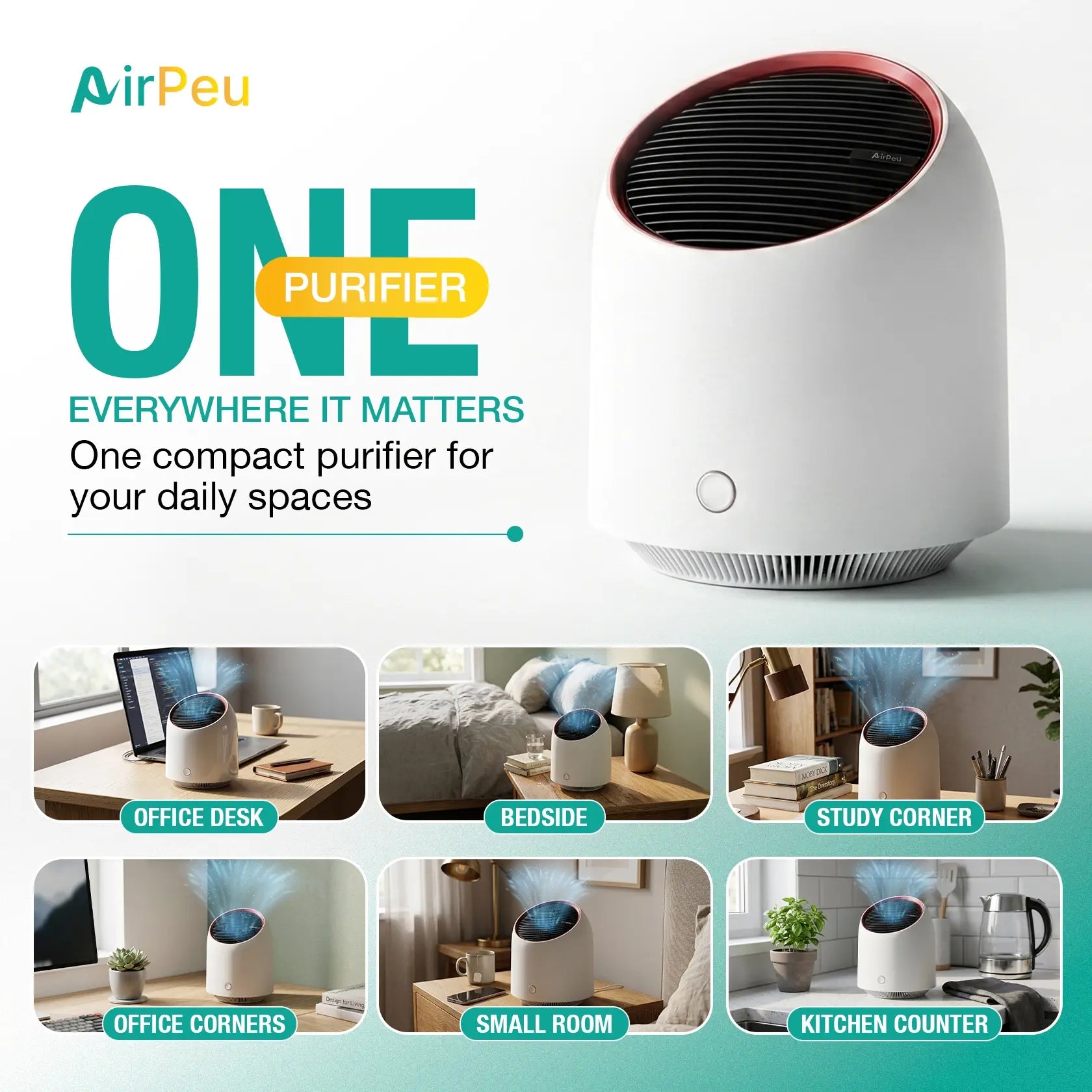 AirPeu Portable Mini Air Purifier with HEPA Filter: USB Rechargeable, Ideal for Offices, Dorms & Kitchens