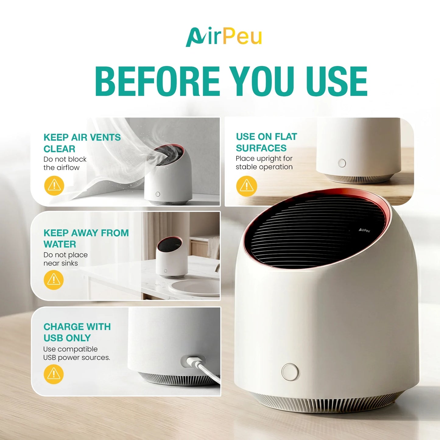 AirPeu Portable Mini Air Purifier with HEPA Filter: USB Rechargeable, Ideal for Offices, Dorms & Kitchens